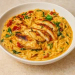 Creamy Tuscan Chicken Orzo in skillet