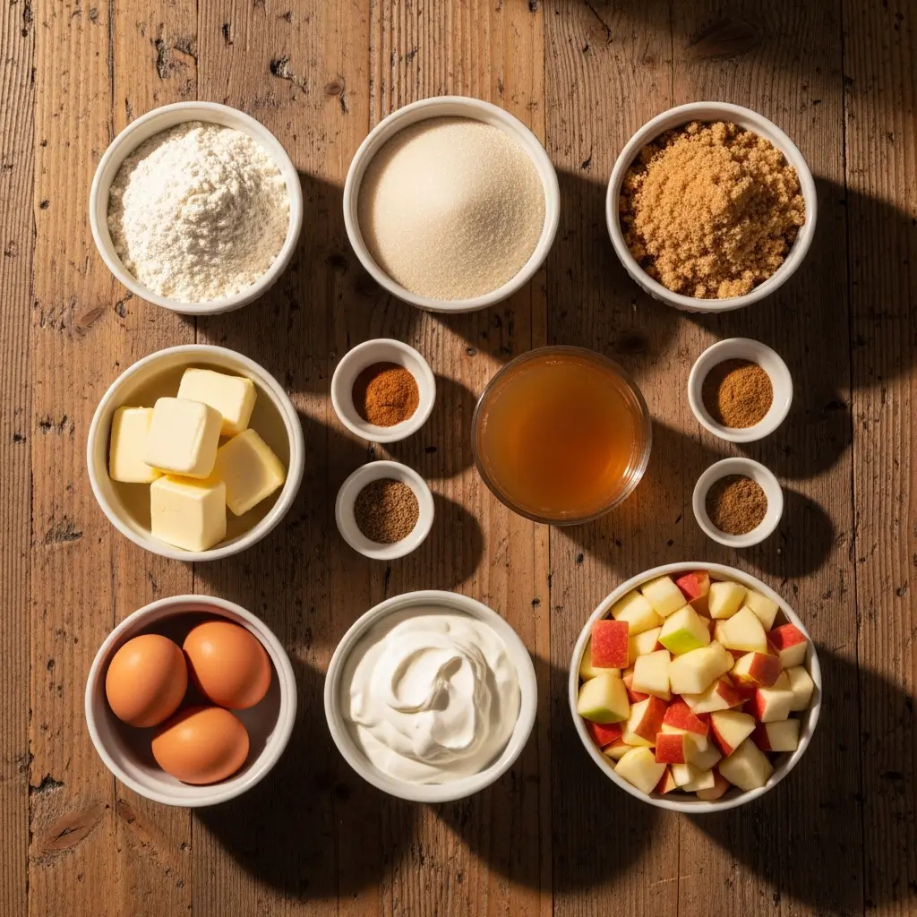 Apple Cinnamon Sheet Cake ingredients on wooden table
