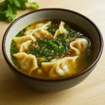 sian Dumpling Soup in bowl with vegetables and dumplings