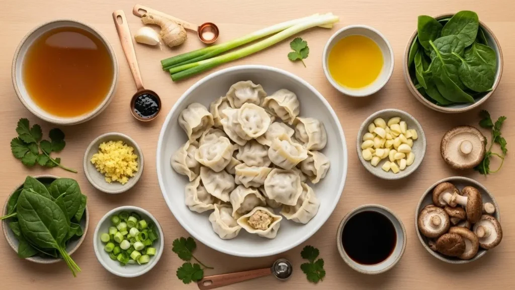 Ingredients for Asian Dumpling Soup on table