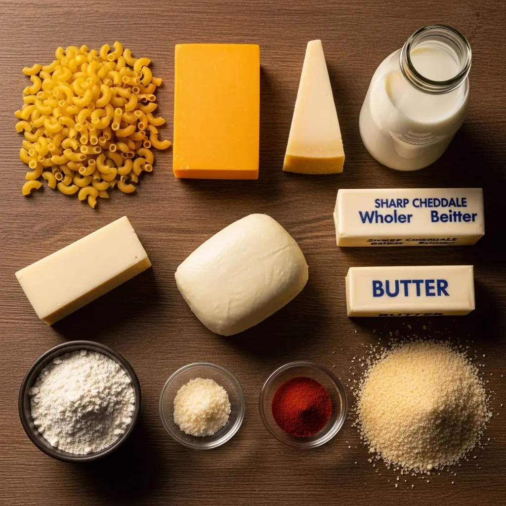 Baked Mac and Cheese Recipe ingredients laid out