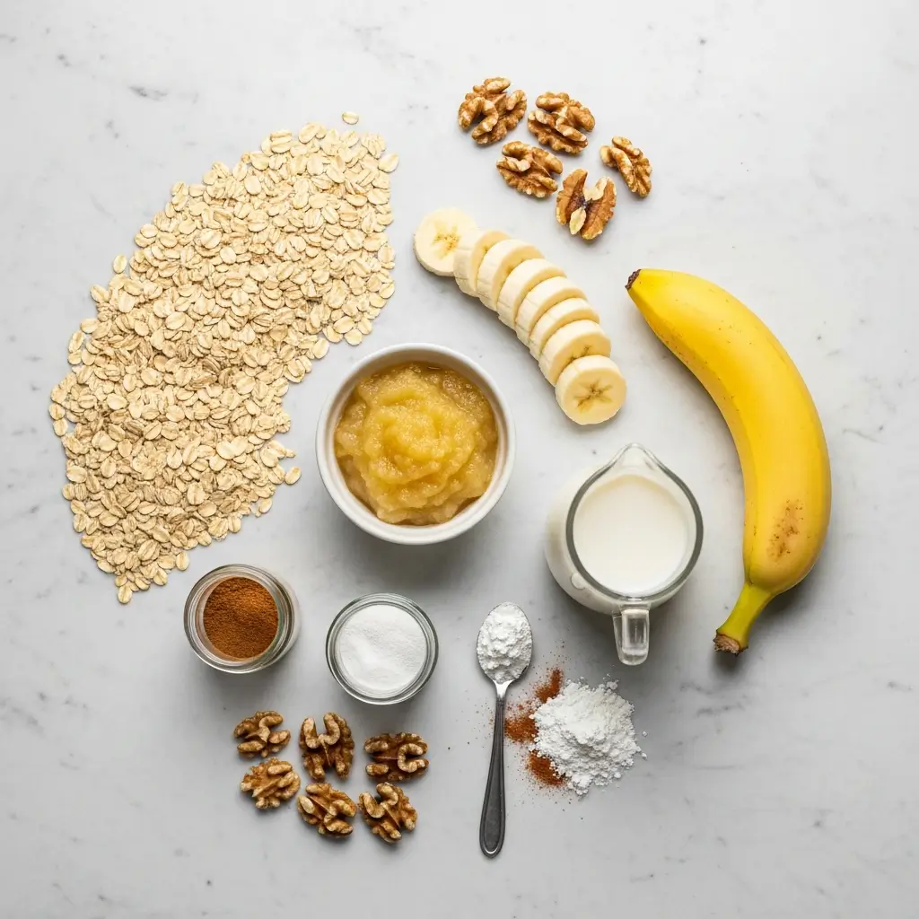 Banana Oatmeal Muffins ingredients flat lay