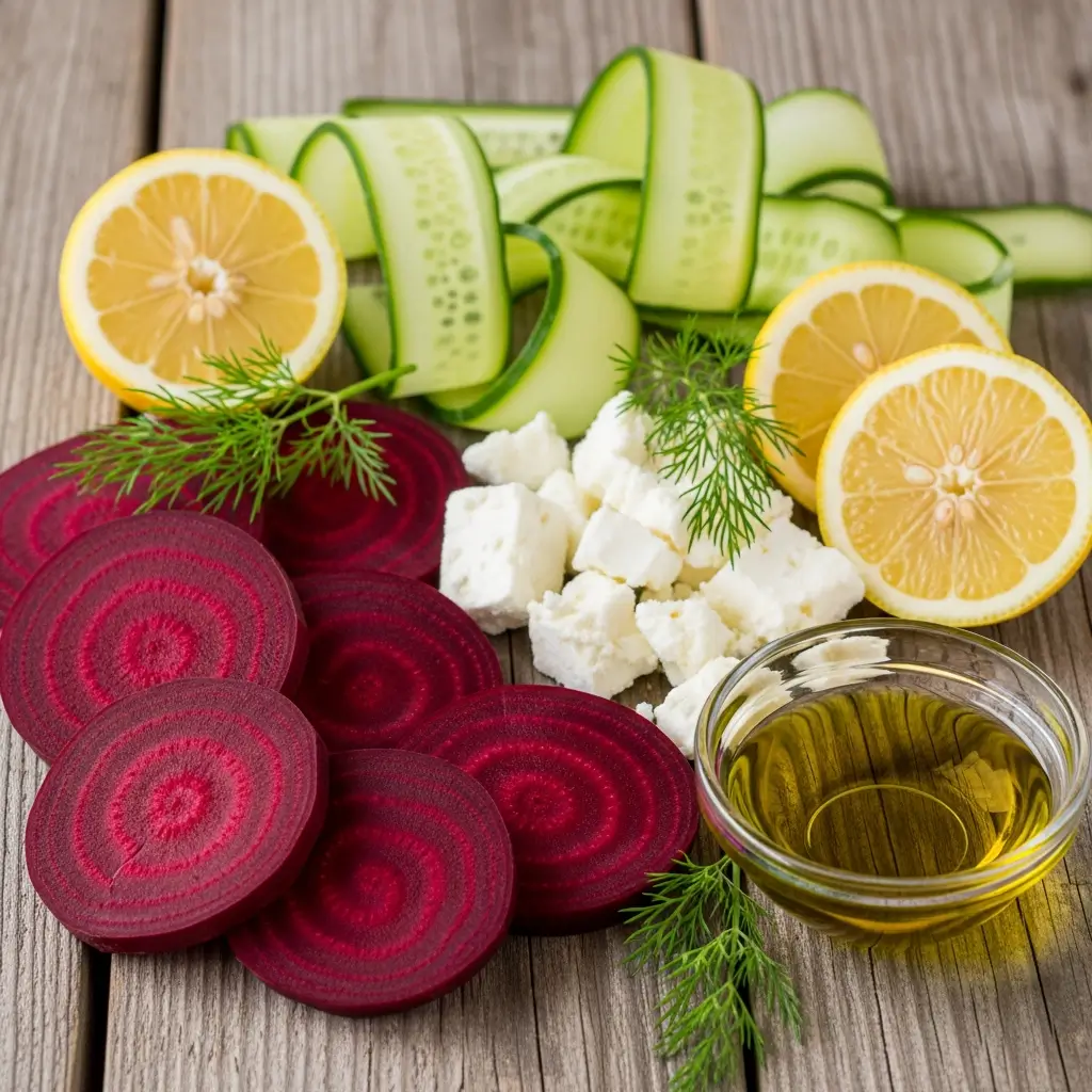 Ingredients for Beet Salad with Feta, Cucumbers, and Dill