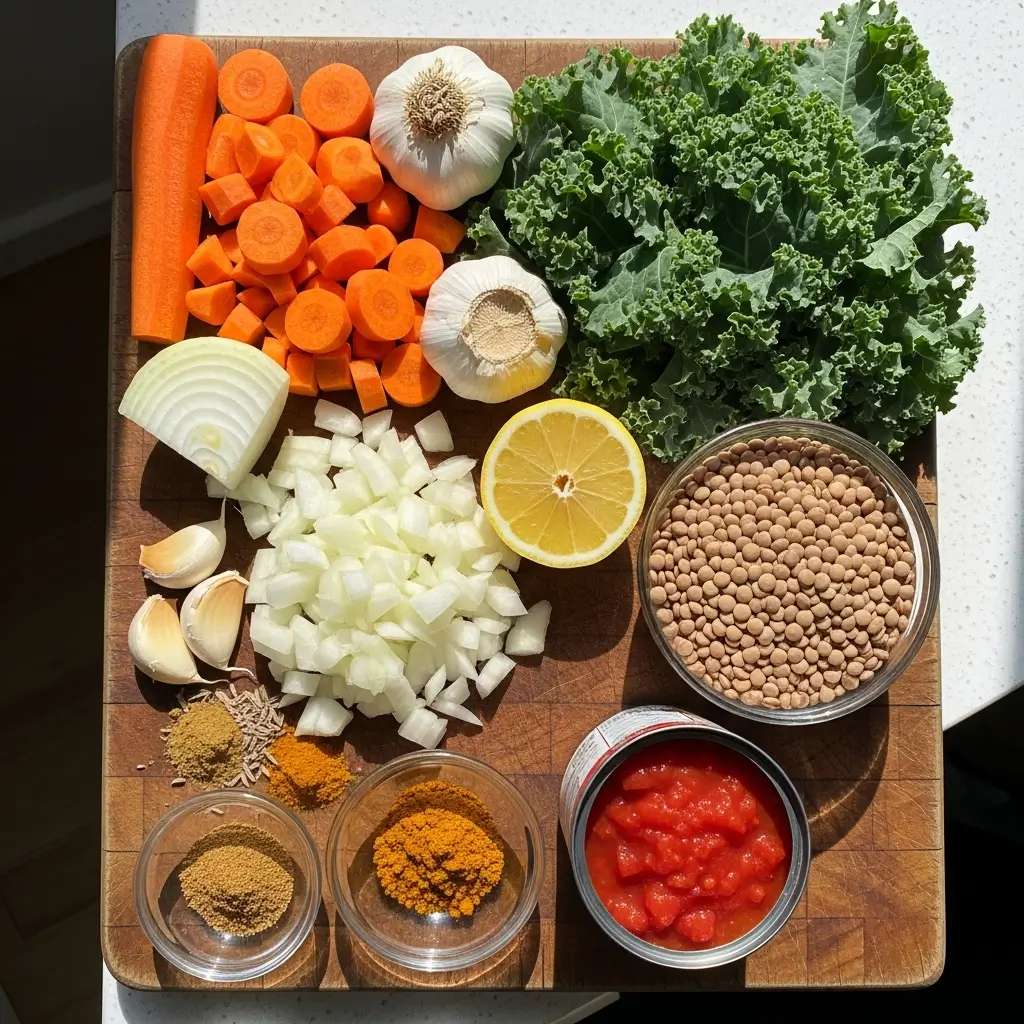 Ingredients for Best Lentil Soup on cutting board