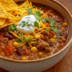 Best Taco Soup with cheese and tortilla topping
