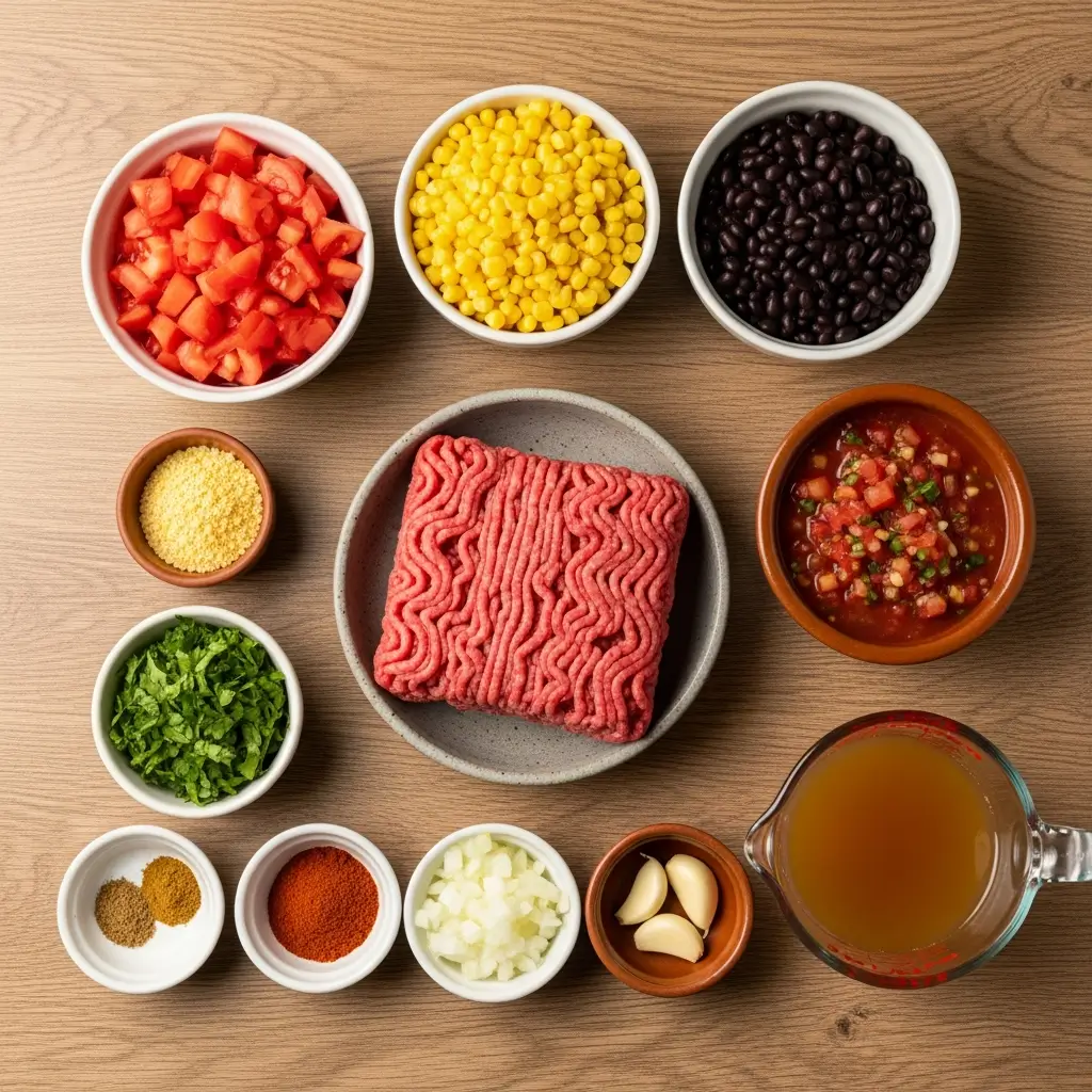Best Taco Soup ingredients on a kitchen counter