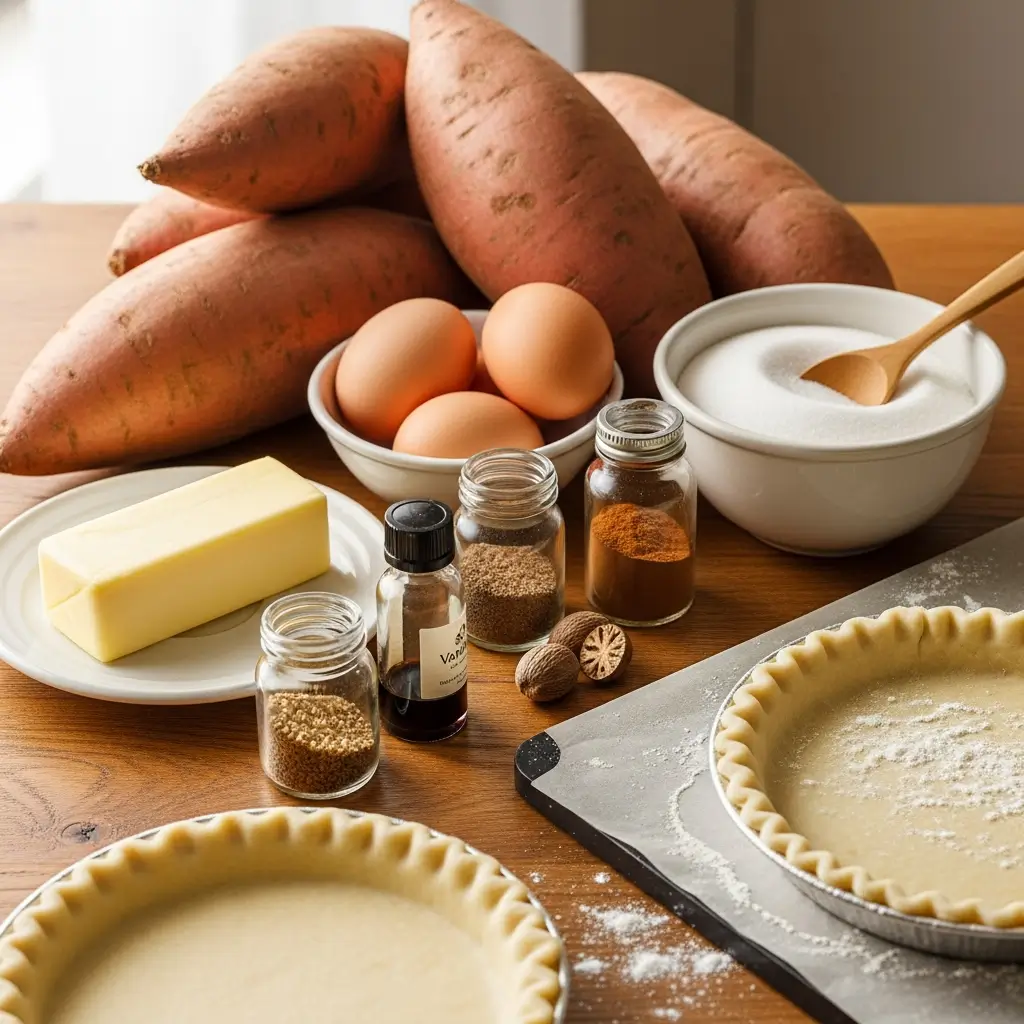 Black Folks Sweet Potato Pie ingredients on kitchen counter