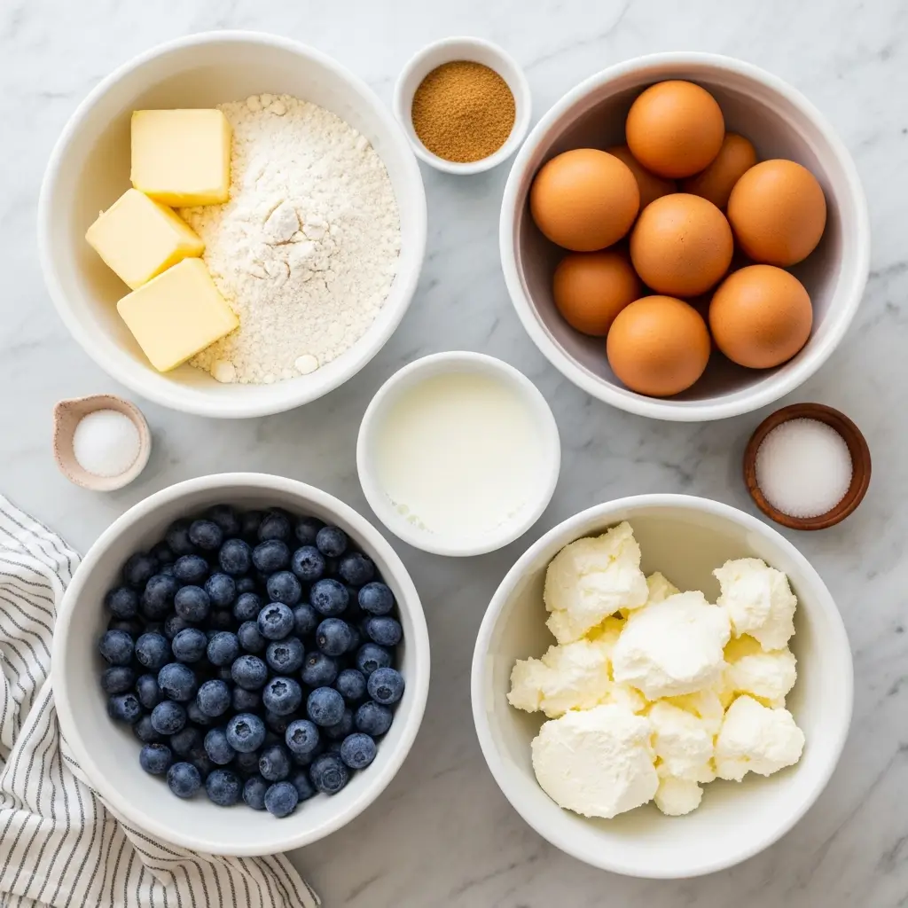 blueberry cream cheese bread ingredients flat lay