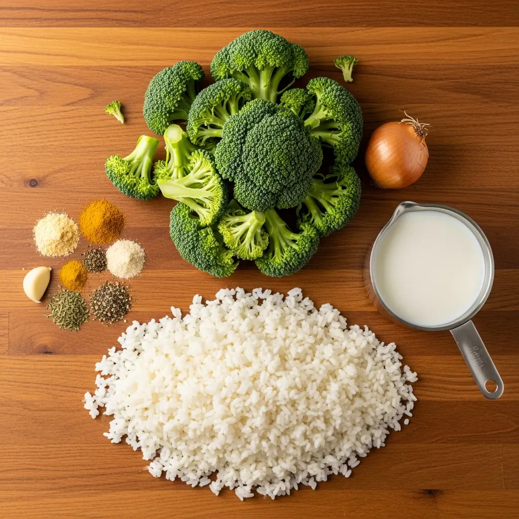 Broccoli Rice Casserole ingredients laid out on a counter