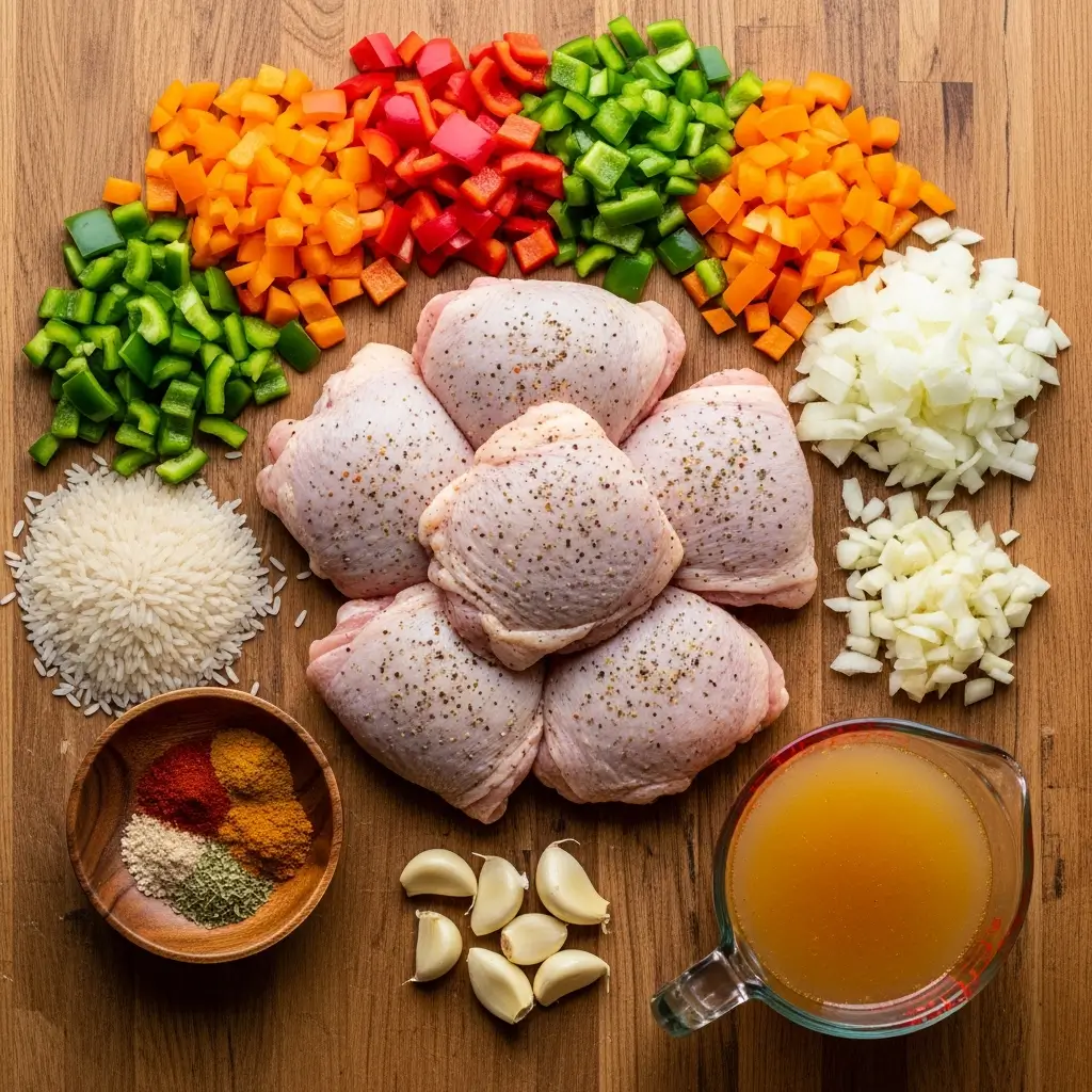 Easy Cajun Chicken and Rice ingredients on table