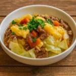 Cheesy Cabbage Beef Casserole fresh from oven