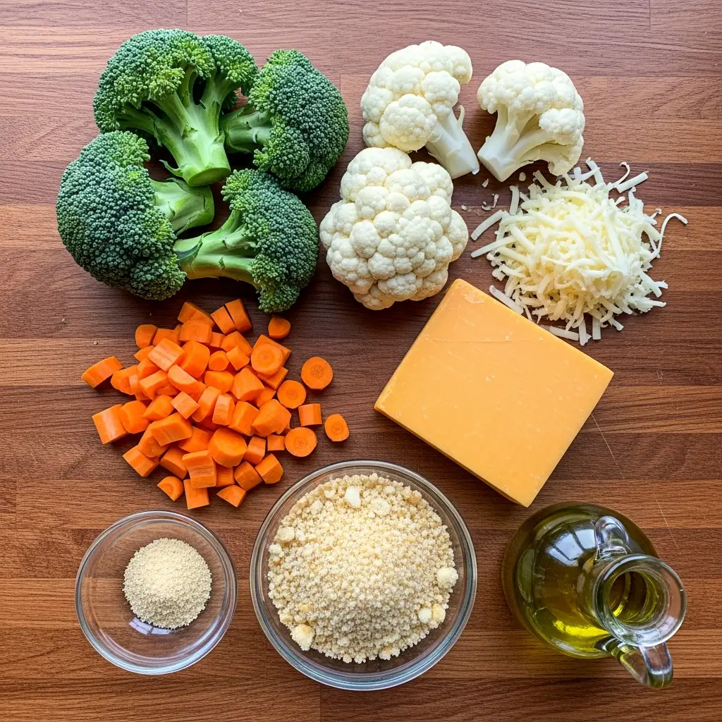Ingredients for Cheesy Vegetable Casserole including broccoli, cauliflower, carrots, and cheddar