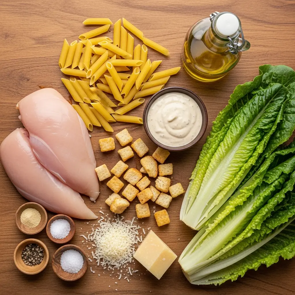 Chicken Caesar Pasta Salad ingredients laid out on table