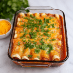 Chicken Enchiladas baked with cheese and red sauce