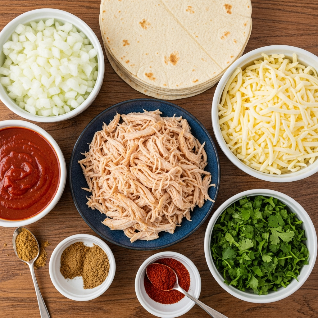 Ingredients for Chicken Enchiladas laid out on table
