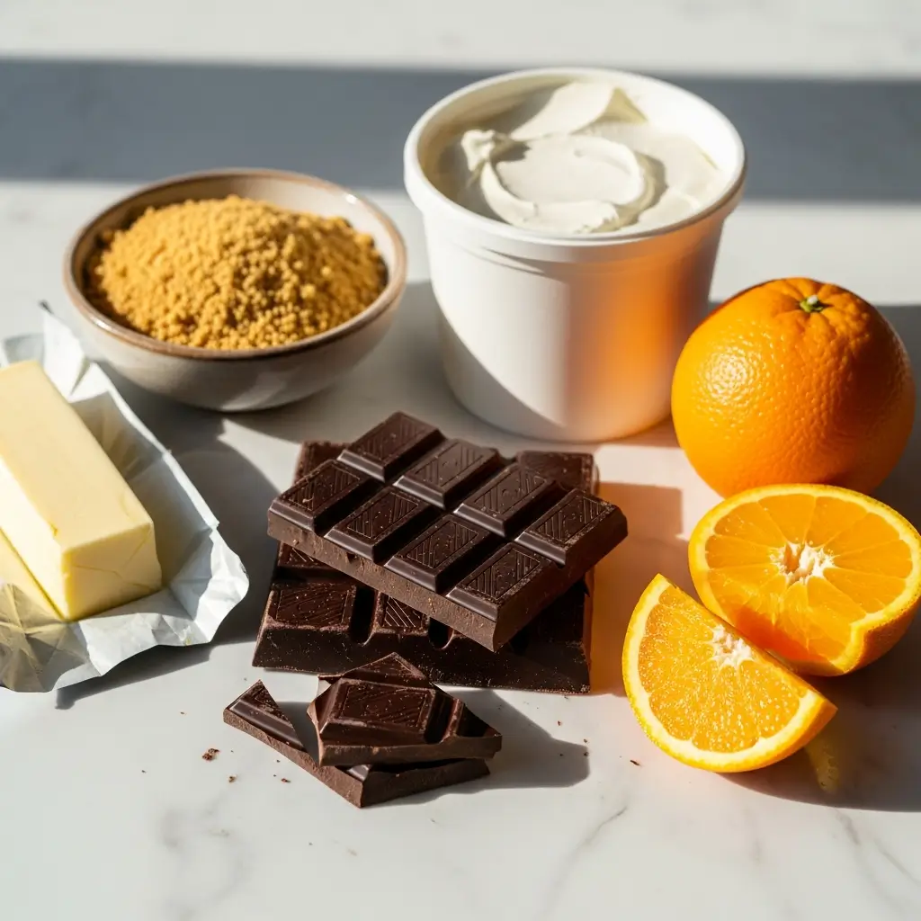 Chocolate Orange Cheesecake ingredients on countertop