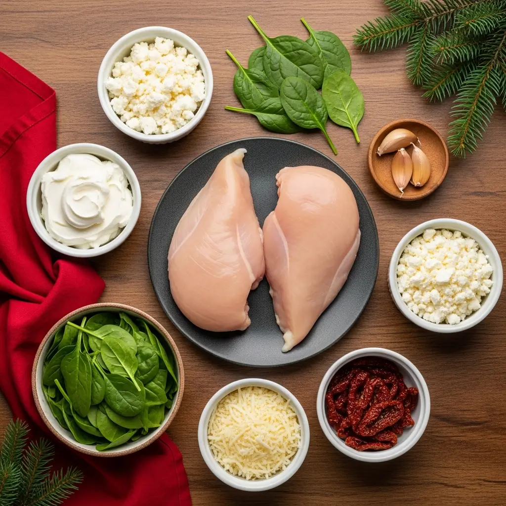 Christmas Stuffed Chicken Breast ingredients flat lay