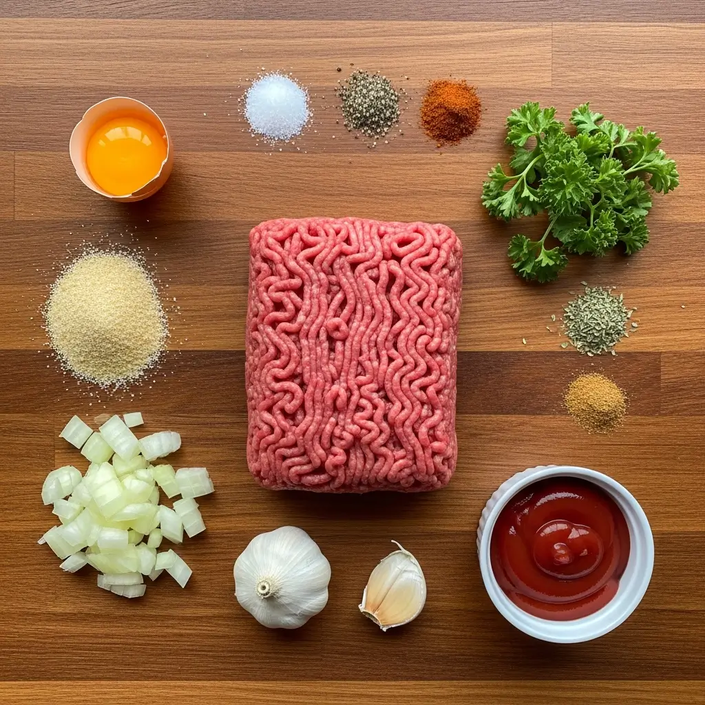 Classic Meatloaf ingredients on a kitchen counter