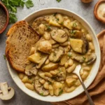 Cozy White Bean Mushroom Stew in a rustic bowl with parsley garnish.