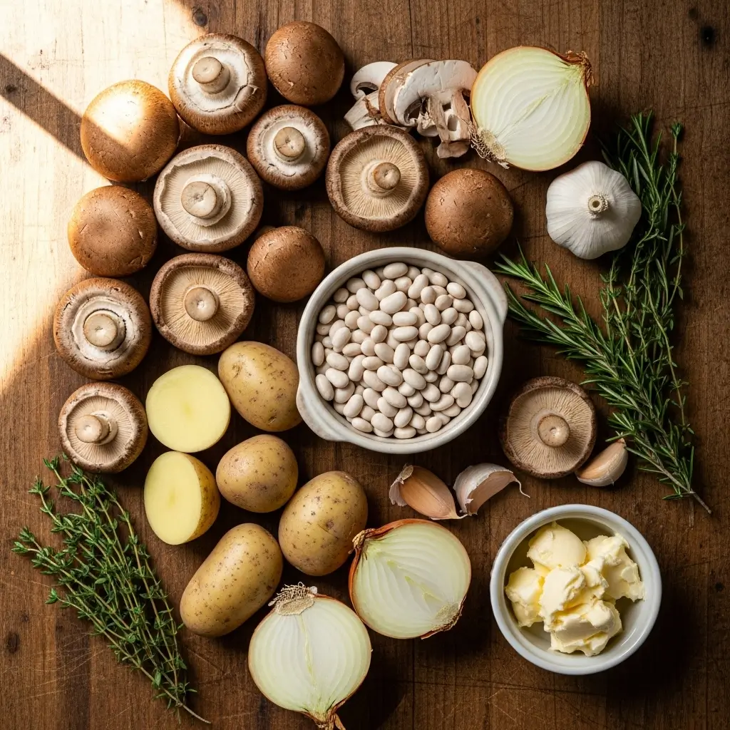 Ingredients for Cozy White Bean Mushroom Stew laid out on a table.