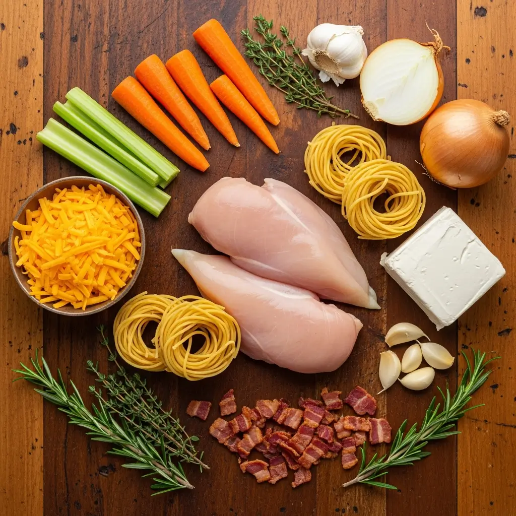 Crack Chicken Noodle Soup ingredients arranged on kitchen counter