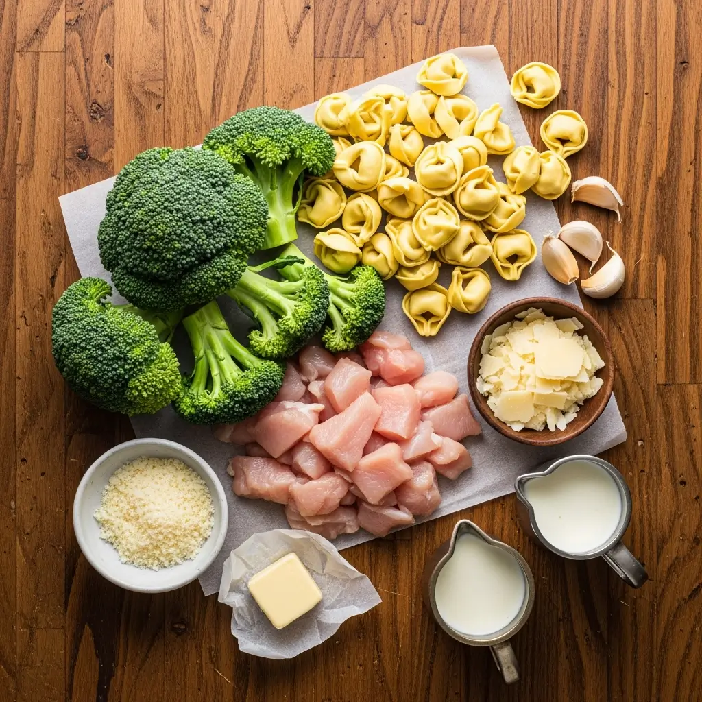 Ingredients for Creamy Chicken Tortellini with Broccoli on a wooden table