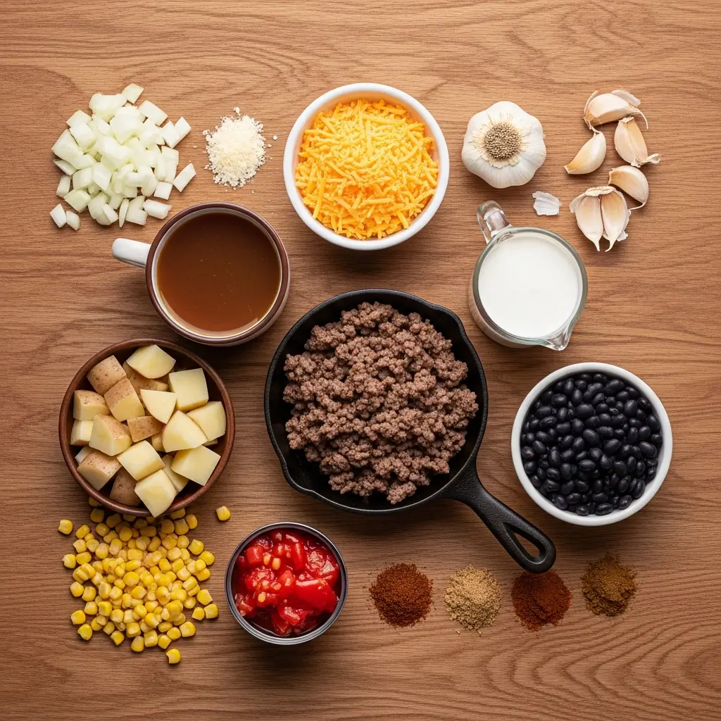 Creamy Cowboy Soup ingredients arranged on a wooden surface