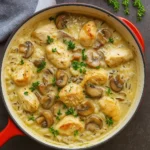 creamy mushroom chicken and wild rice soup in rustic bowl