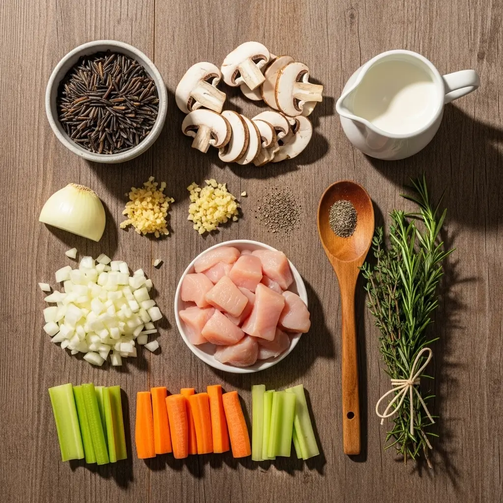 ingredients for creamy mushroom chicken and wild rice soup
