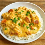 creamy smothered chicken and rice in skillet