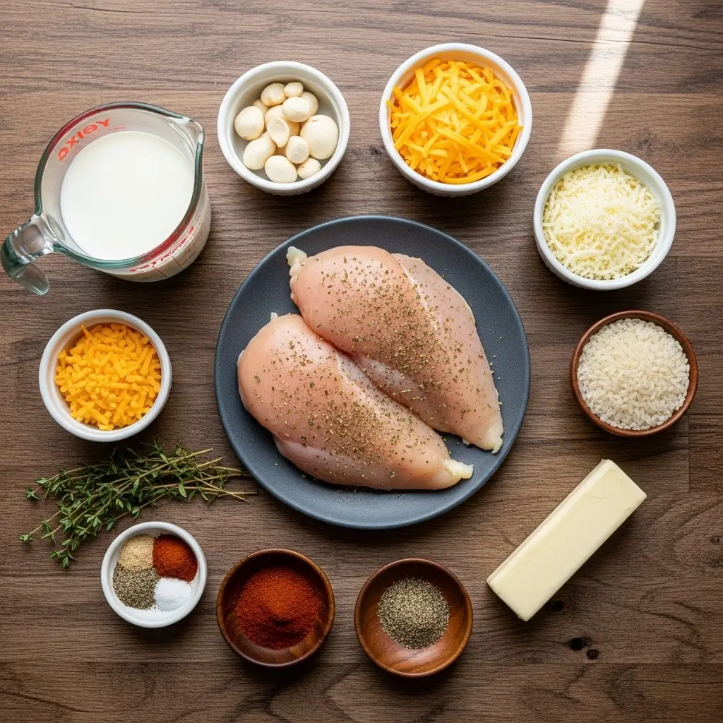 creamy smothered chicken and rice ingredients flat lay