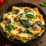 creamy spinach mushroom lasagna in baking dish