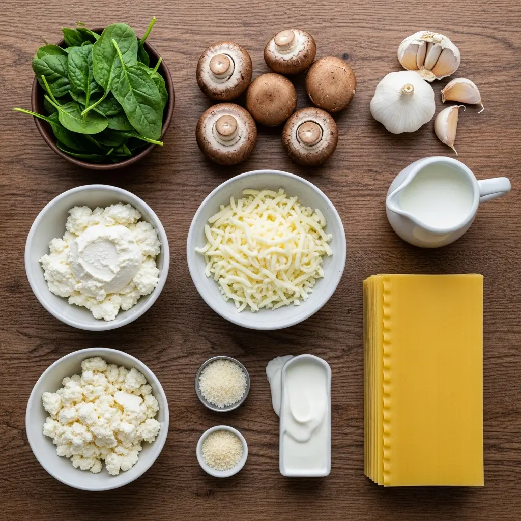 creamy spinach mushroom lasagna ingredients flat lay