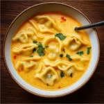 Creamy Thai Dumpling Soup served with cilantro and lime.