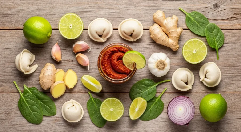 Ingredients for Creamy Thai Dumpling Soup flat lay.