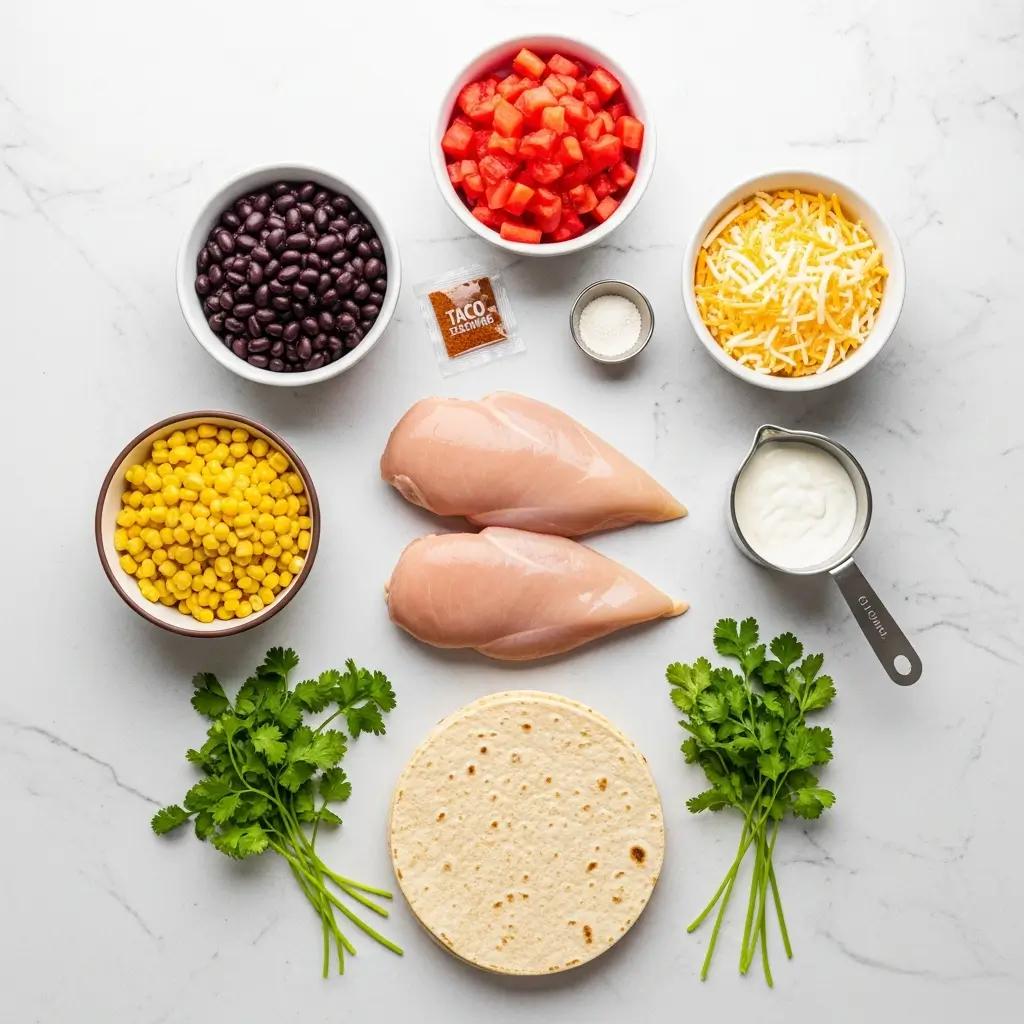 Crockpot Chicken Tortilla Soup ingredients flat lay