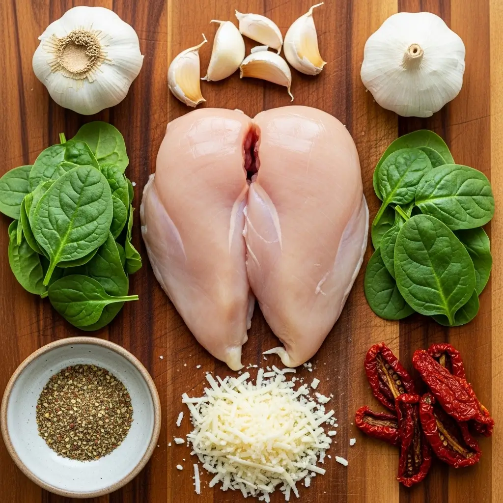 Crockpot Tuscan Chicken ingredients flat lay