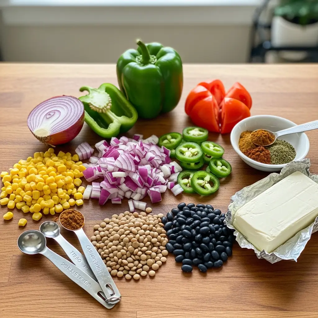 Ingredients for Crockpot Vegetarian Tortilla Soup arranged on counter