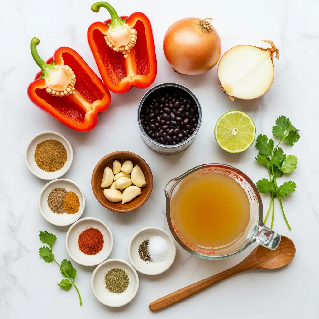 Easy Black Bean Soup ingredients arranged on counter