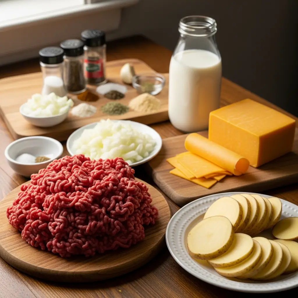 Easy Hamburger Potato Casserole ingredients flat lay