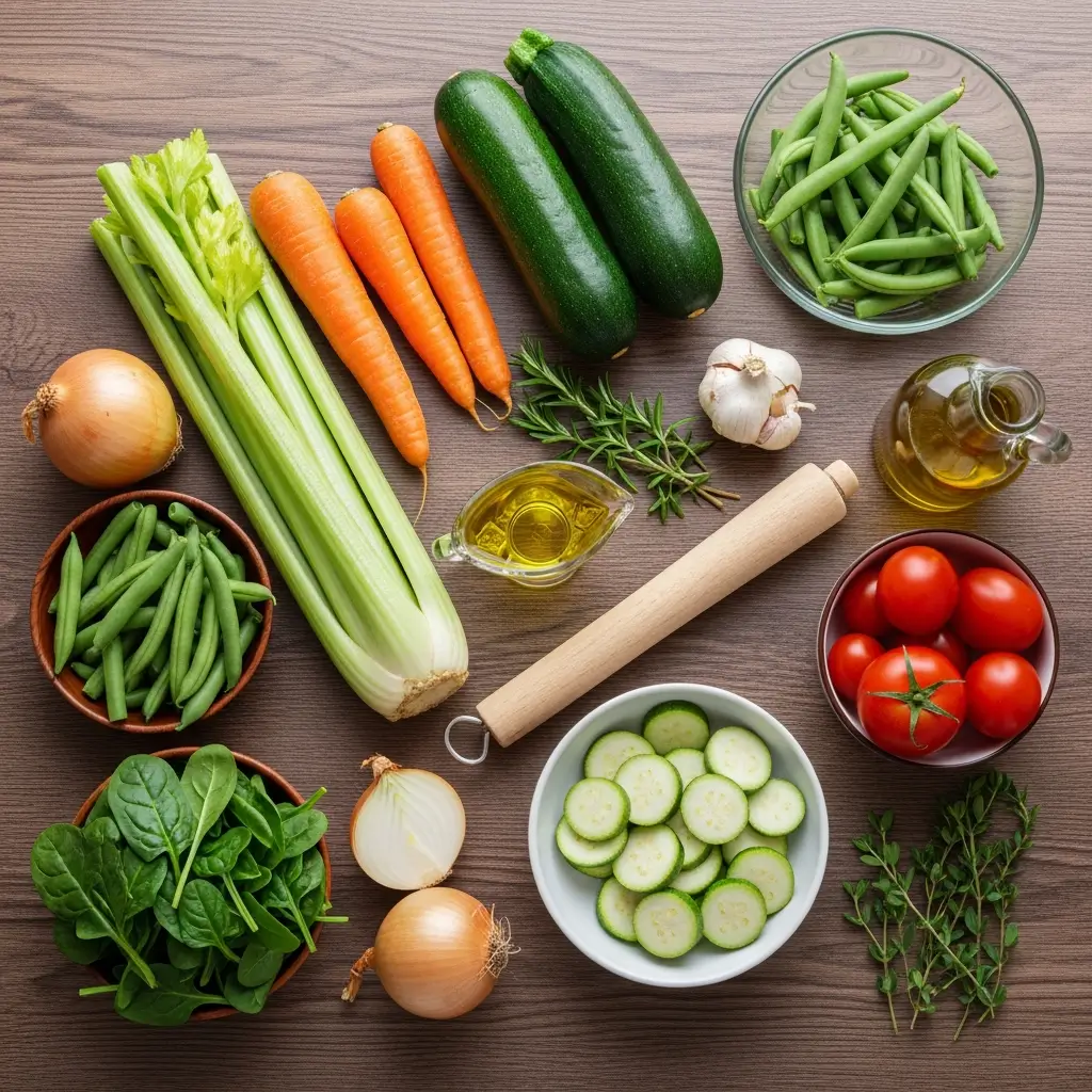 Easy Homemade Vegetable Soup ingredients laid out