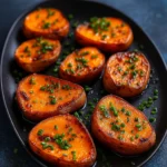 Garlic Butter Roasted Sweet Potatoes in rustic kitchen setting