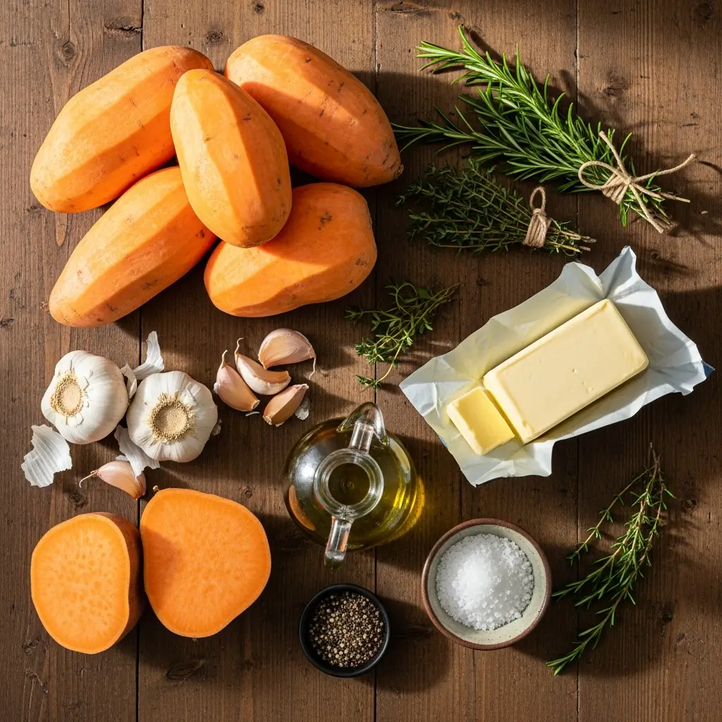 Ingredients for Garlic Butter Roasted Sweet Potatoes