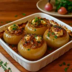 Greek Stuffed Onions baked in tomato sauce