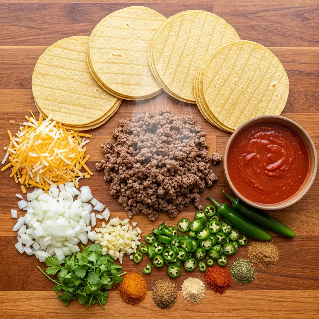 Ground Beef Enchiladas ingredients on counter