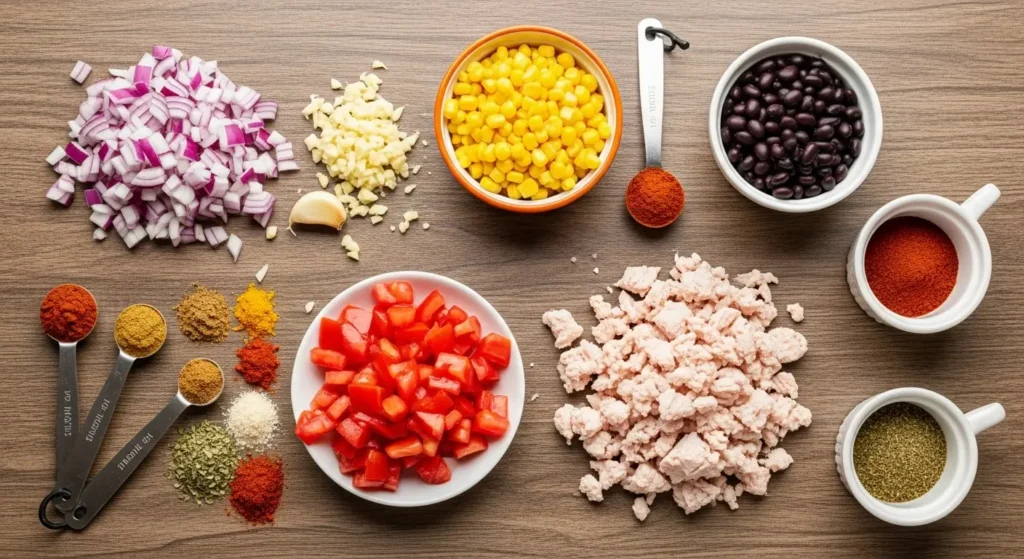 Healthy Taco Soup ingredients on wooden counter”