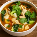 Hearty Bokchoy Chicken Soup in rustic bowl