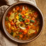 Hearty Veggie-Packed Cabbage Soup in a bowl with fresh vegetables