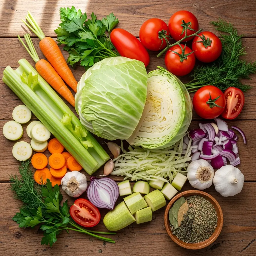 Ingredients for hearty veggie-packed cabbage soup