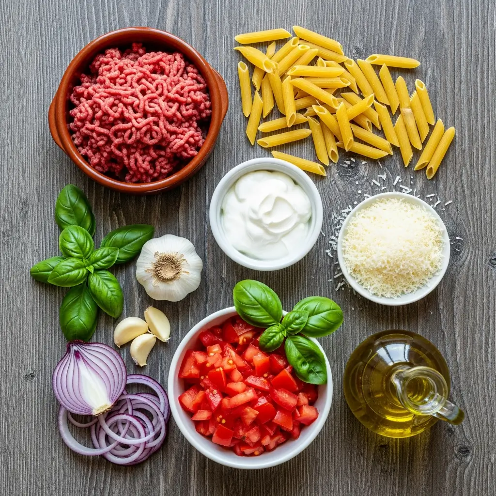 High Protein Creamy Beef Pasta Ingredients